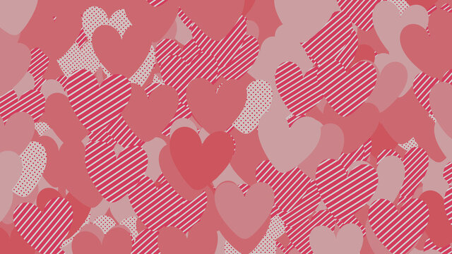Multicolored Heart pattern background. Valentine Wallpaper with Pink, Striped and Polka Dot love hearts.