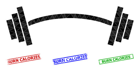 Triangle heavy barbell polygonal 2d illustration, and grunge simple Burn Calories stamps. Heavy Barbell icon is filled with triangles. Simple stamps uses lines, rects in red, blue, green colors.