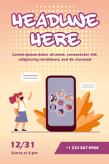 Schoolgirl in mask watching covid prevention tips on cellphone. Guide, instruction, infographics flat vector illustration. Coronavirus, school concept for banner, website design or landing web page