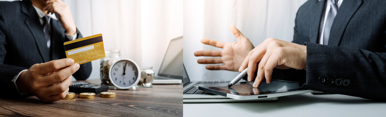 Digital marketing media in virtual screen.businesswoman hand working with mobile phone and modern...
