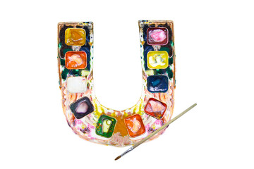 Font, a letter made U of watercolors and paints