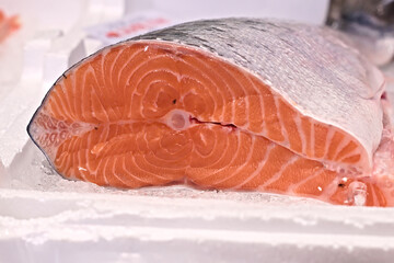 fresh salmon steak in fishmonger, appetizing, to cook