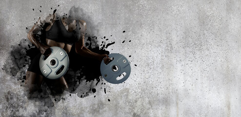 Woman workout with disc barbell on wall background. Sports banner