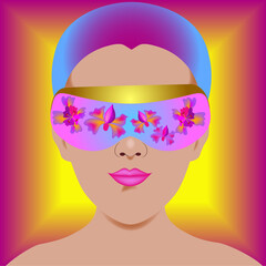 Woman wearing virtual or augmented reality glasses. Abstract vr world with flowers and background glowing effect. Bright neon colors. Vector illustration