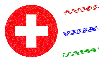 Triangle medical aid polygonal icon illustration, and rubber simple Medicine Standards stamp seals. Medical Aid icon is filled with triangles. Simple seals uses lines, rects in red, blue,