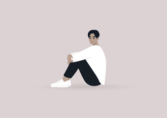 Obraz premium A young male Asian character sitting on the floor and hugging their knees, casual daily life scene