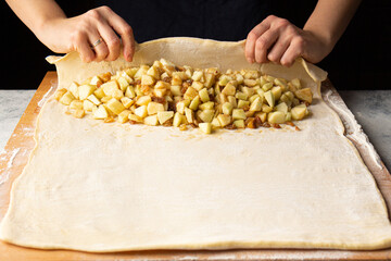 Woman baking apple pie strudel. Home cooking.