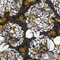 Seamless floral pattern. Different Exotic butterflies and gold Hydrangea flowers on a dark gray background. Textile composition, hand drawn style print. Vector illustration.