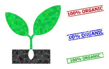 Triangle plant sprout polygonal icon illustration, and rubber simple 100% Organic rubber seals. Plant Sprout icon is filled with triangles. Simple stamp seals uses lines, rects in red, blue,