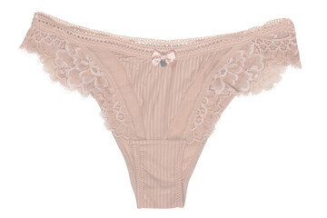 Underwear woman isolated. Close-up of a luxurious elegant sexy beige lacy thongs panties isolated...
