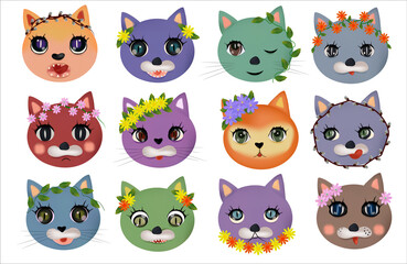 Funny cute cats faces with different emotions with Spring flower. Colorful cats happy, sad, crazy, cheerful. Cat characters. Vector illustration