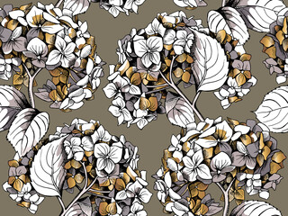 Seamless pattern with a gold Hydrangea flowers and leaves. Vector illustration.