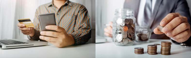 businesswoman hand using smart phone,mobile p payments online shopping,omni channel,digital tablet docking keyboard computer at office in sun light