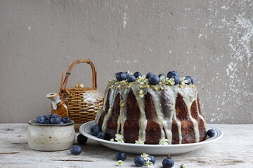 Chocolate Bundt Cake with blueberries and white icing and pistachios.