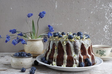 Chocolate Bundt Cake with blueberries and white icing and pistachios.