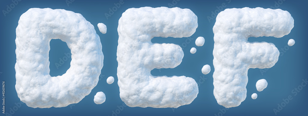 Fototapete snowy alphabet with letters d, e, f. lettes made of snow. winter font isolated on blue background