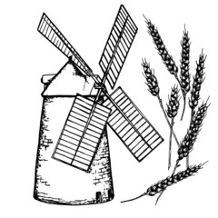 Windmill and wheat ears. Black and white illustration. Sketch. Isolated. On a white background