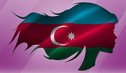 Vector beautiful woman portrait silhouette with long flowing hair in national flag of Azerbaijan on pink background