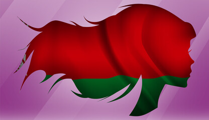 Vector beautiful woman portrait silhouette with long flowing hair in national flag of Belarus on pink background