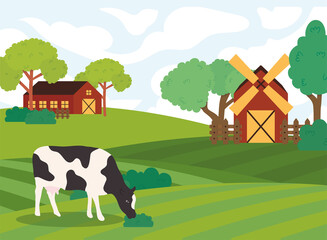 Farms trees and cow vector design