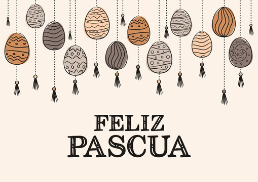 Spanish Happy Easter card. Hand drawn festive typography with hanging painted eggs in Multi-colored. Vector illustration in doodle style for poster or banner for Spain. Translation: Happy Easter