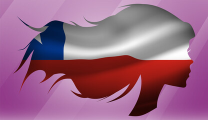 Vector beautiful woman portrait silhouette with long flowing hair in national flag of Chile on pink background