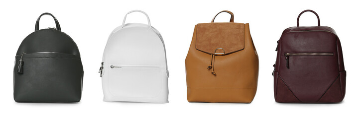 Collection of different stylish backpacks on white background, banner design