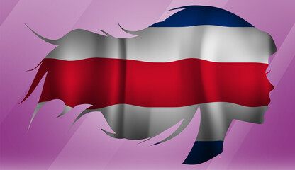 Vector beautiful woman portrait silhouette with long flowing hair in national flag of Costa Rica on pink background