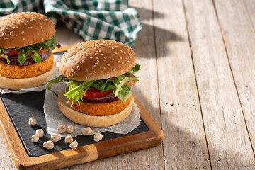 Delicious healthy chickpea burger. Alternative diet. Veganism food concept. Copy space	