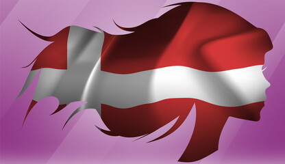 Vector beautiful woman portrait silhouette with long flowing hair in national flag of Denmark on pink background