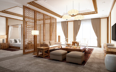 3d render of luxury hotel room, suite space