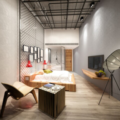 3d render of luxury hotel room, suite space