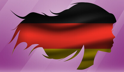 Vector beautiful woman portrait silhouette with long flowing hair in national flag of Germany on pink background
