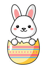 Little cute kawaii Easter bunny with color egg. Beautiful Kawaii vector illustration for greeting card, poster, sticker.