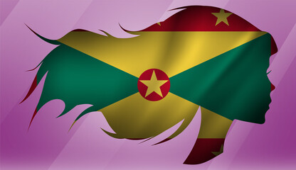 Vector beautiful woman portrait silhouette with long flowing hair in national flag of Grenada on pink background