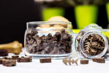 Dog treats spilling out of bowl. Dog treats and biscuits