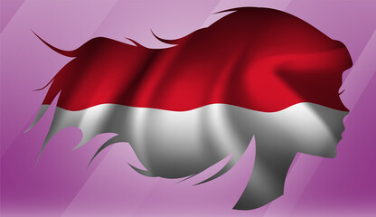 Vector beautiful woman portrait silhouette with long flowing hair in national flag of Indonesia on pink background