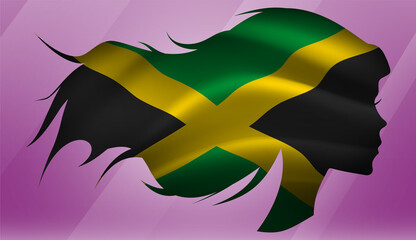 Vector beautiful woman portrait silhouette with long flowing hair in national flag of Jamaica on pink background