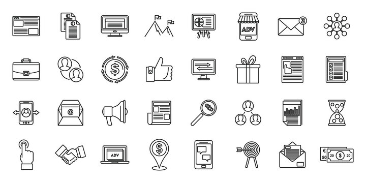 Affiliate marketing campaign icons set. Outline set of affiliate marketing campaign vector icons for web design isolated on white background