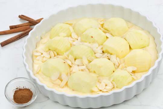 Apple pie with fanned apple in porcelain baking pan image series 15