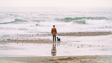 Fototapeta na wymiar Un hombre con abrigo paseando con su perro por la playa en un dia de invierno