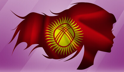 Vector beautiful woman portrait silhouette with long flowing hair in national flag of Kyrgyzstan on pink background