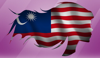 Vector beautiful woman portrait silhouette with long flowing hair in national flag of Malaysia on pink background