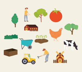 farmer and farm related icons around, colorful design