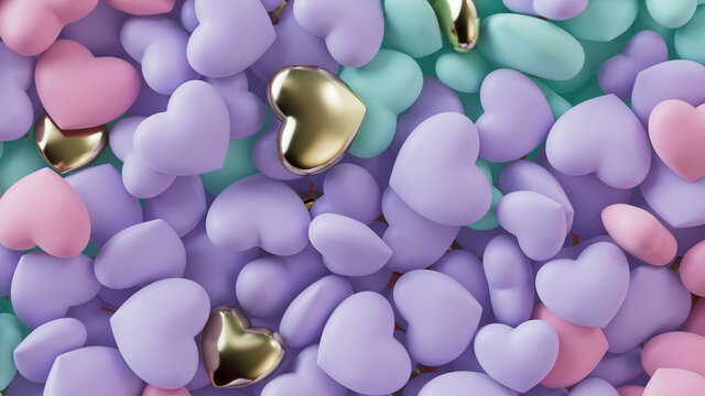 Multicolored Heart background. Valentine Wallpaper with Violet, Turquoise and Gold love hearts. 3D Render 