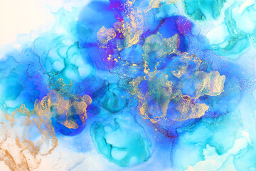 Fototapeta na wymiar art photography of abstract fluid art painting with alcohol ink, blue and gold colors