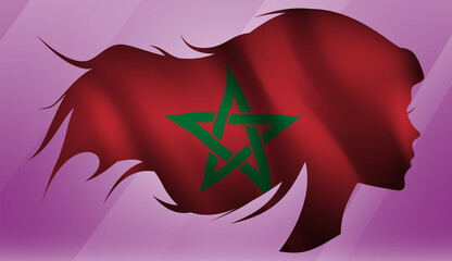 Vector beautiful woman portrait silhouette with long flowing hair in national flag of Morocco on pink background