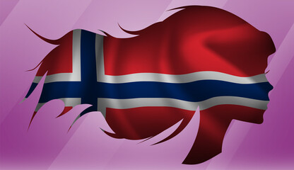 Vector beautiful woman portrait silhouette with long flowing hair in national flag of Norway on pink background