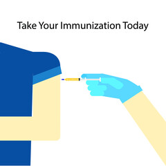 A vector of shoulder with syringe and hand ready for injection. Also message take your immunization insight as Covid-19 vaccine is available