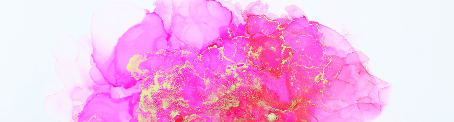 art photography of abstract fluid art painting with alcohol ink, pink and gold colors. banner